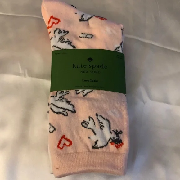 Kate Spade 3 Pair Crew Socks Pink With Doves, Red & White Shoe Size 4-10 NWT - Picture 2 of 11